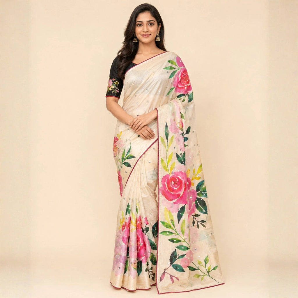 Ivory Cotton Saree with Pink Floral Print