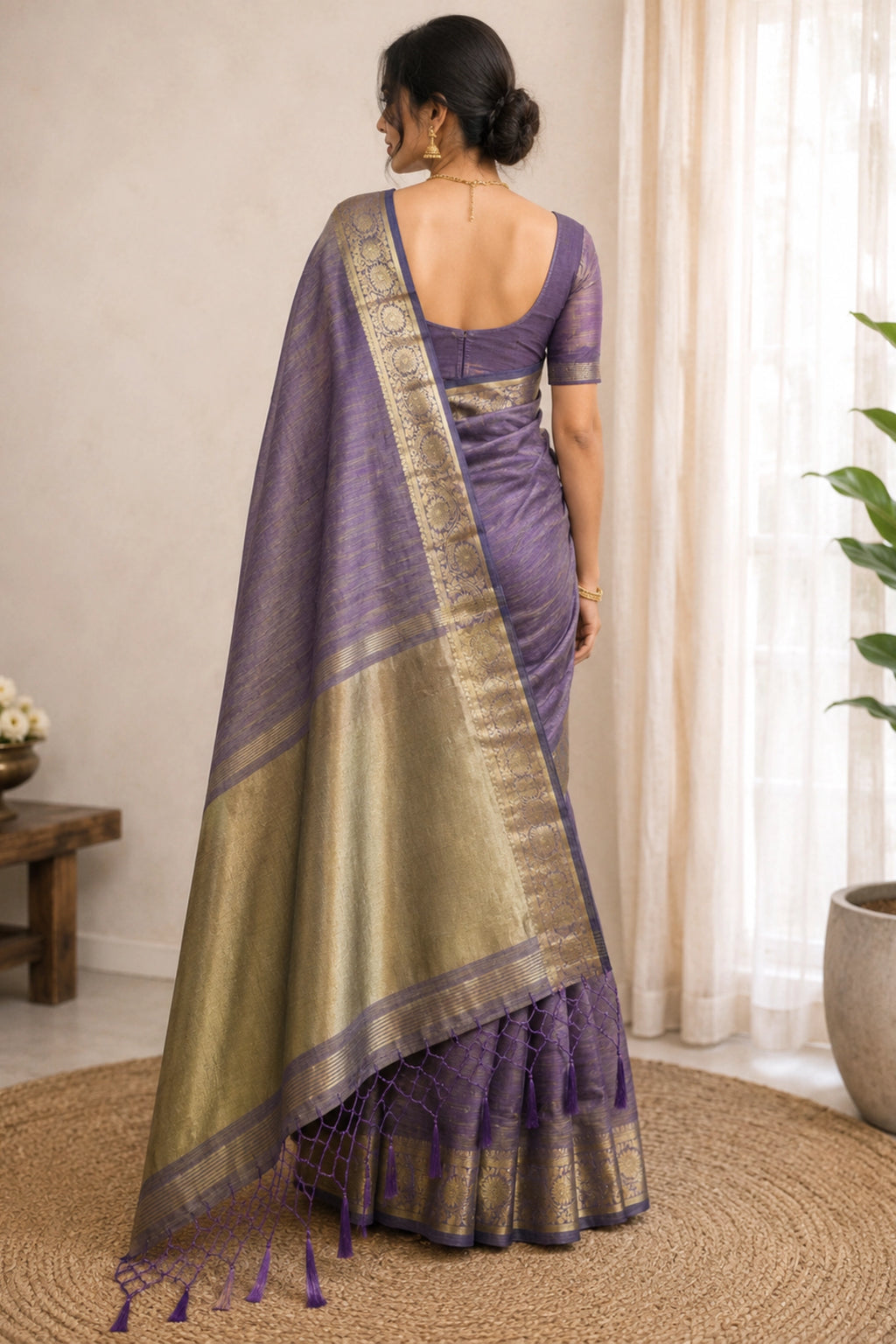 Dusty Lavender Tussar-Style Saree with Antique Gold Zari Border