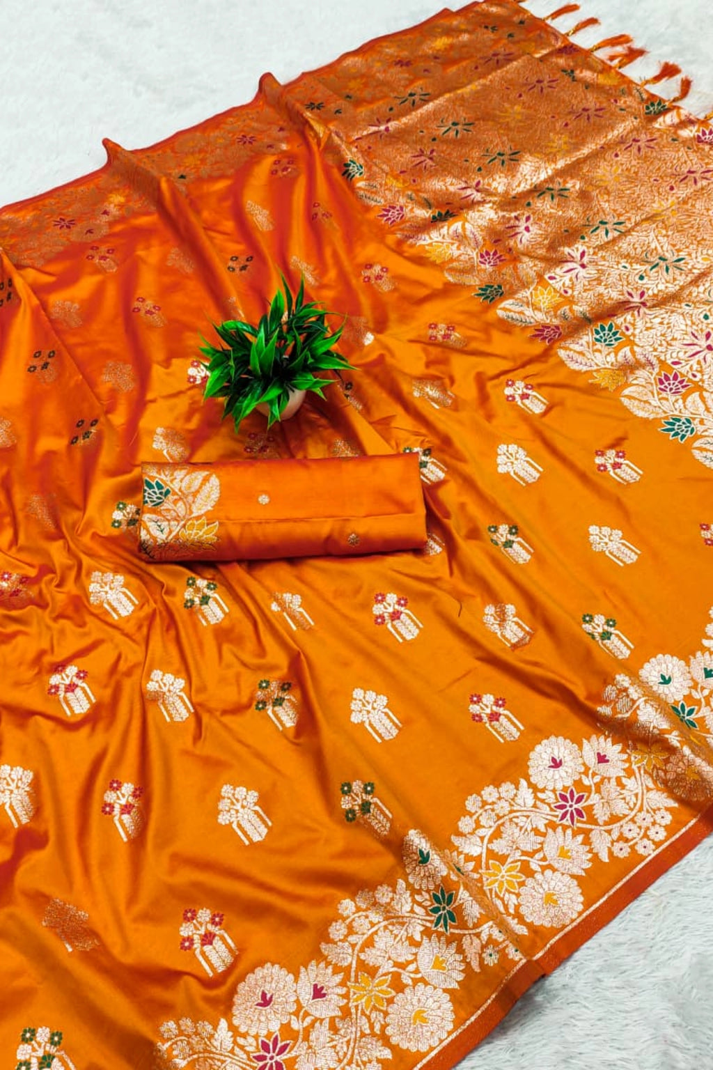Festive Orange Dola Silk-Style Saree with Floral Zari Pallu
