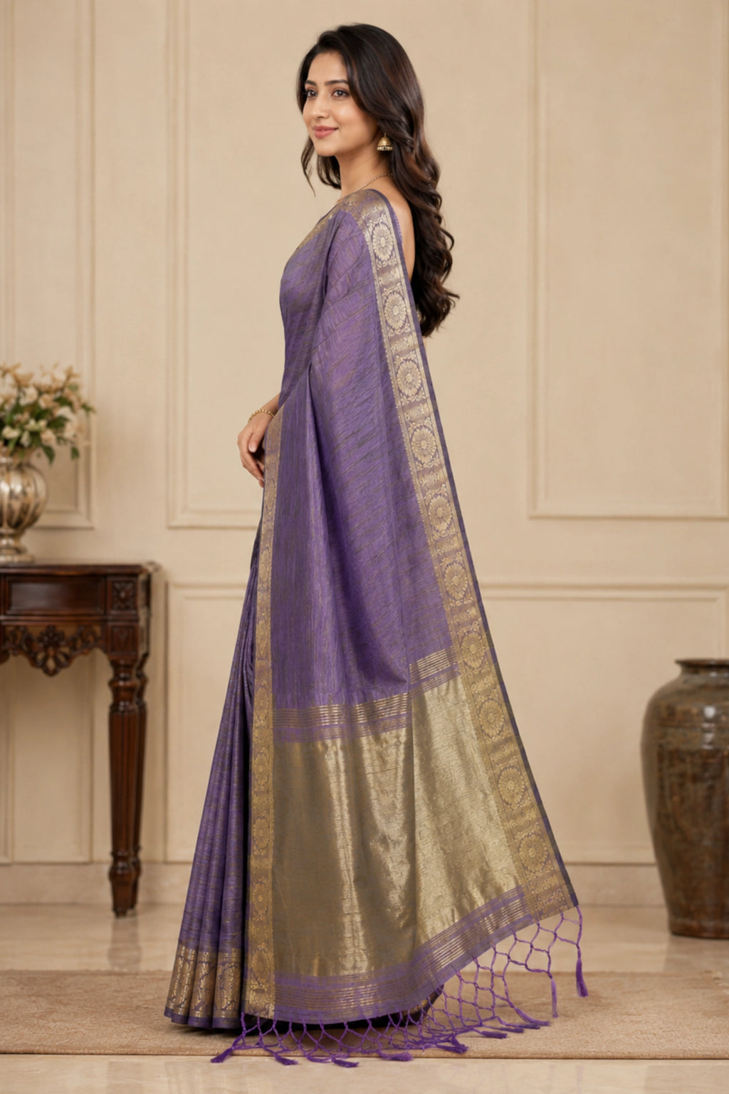 Dusty Lavender Tussar-Style Saree with Antique Gold Zari Border