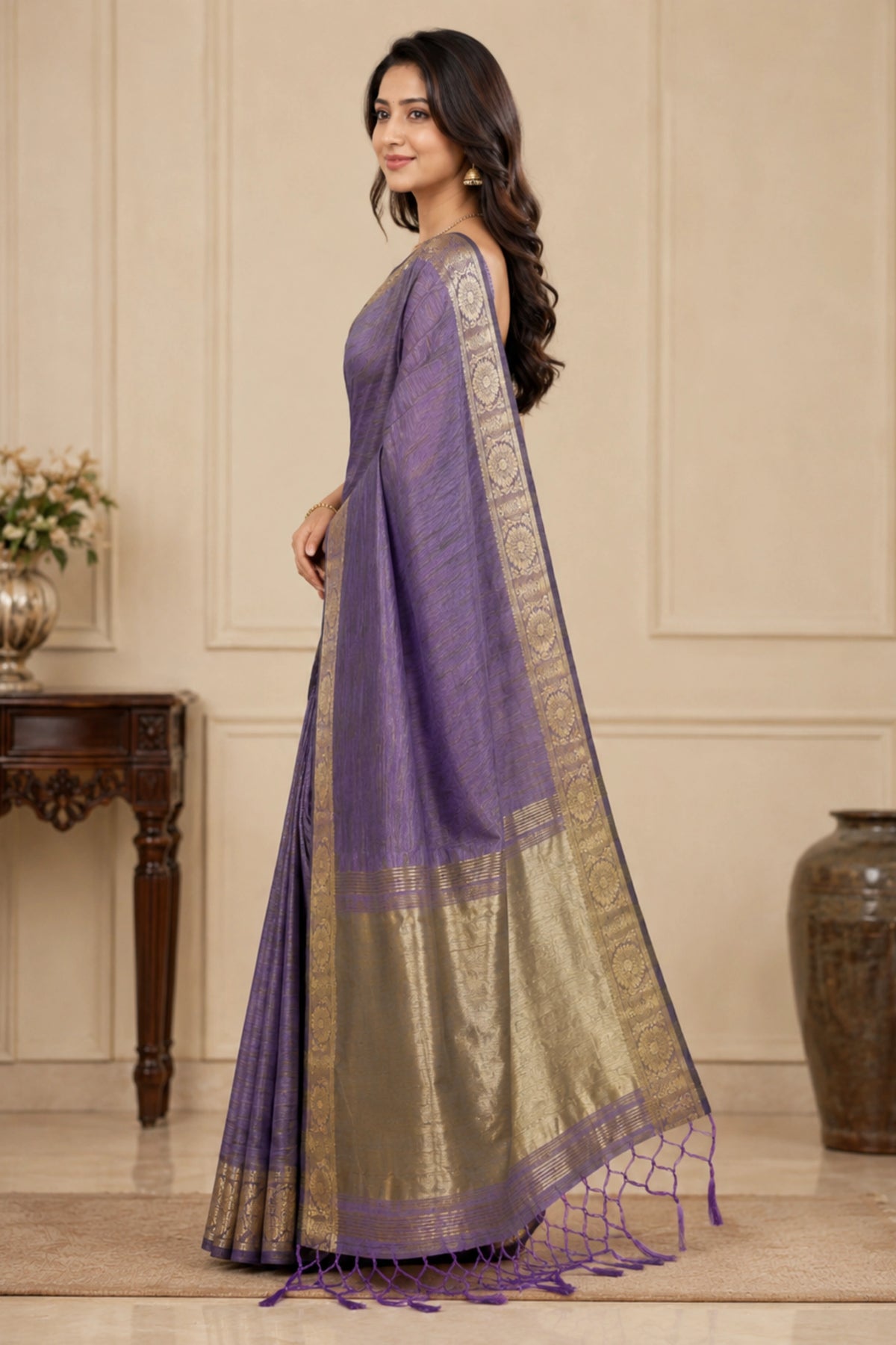 Dusty Lavender Tussar-Style Saree with Antique Gold Zari Border
