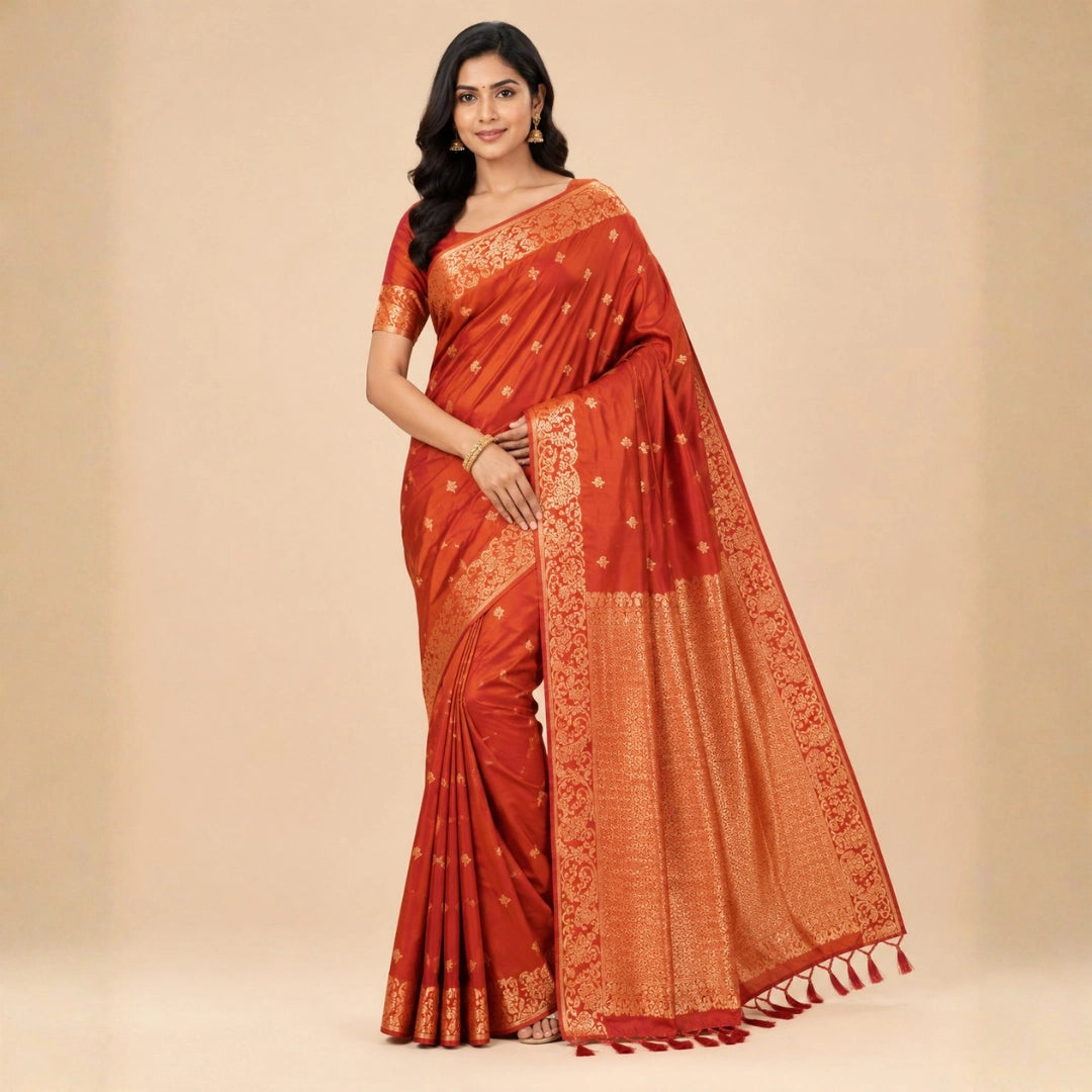 Rust Orange Banarasi-Inspired Silk Saree with Gold Zari Border