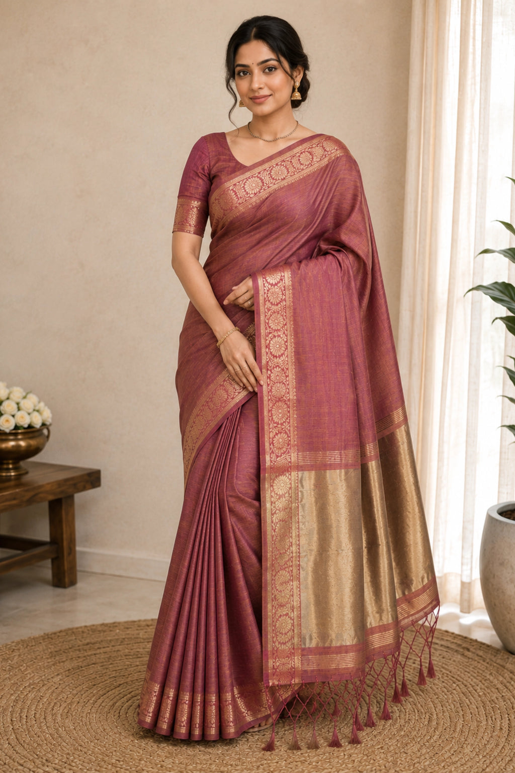 Dusty Rose Tussar-Style Saree with Antique Gold Zari Border