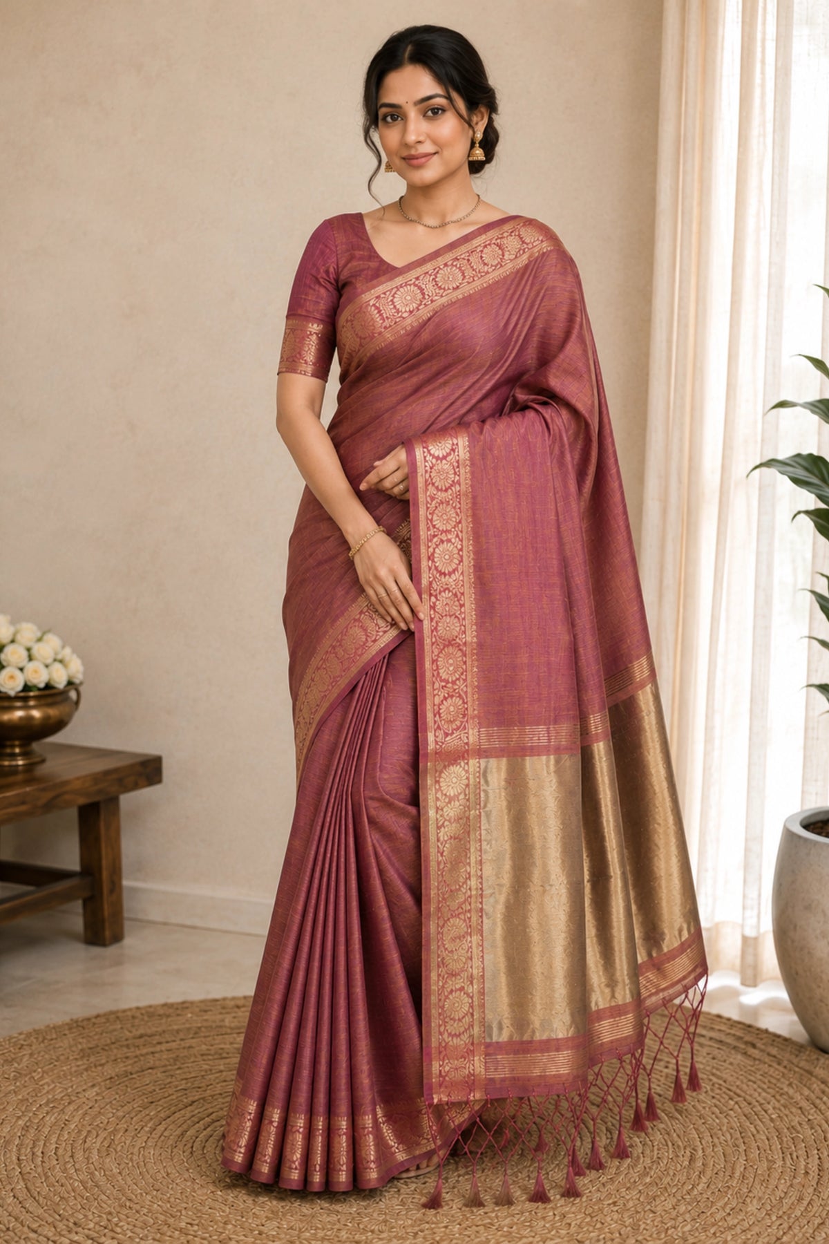 Dusty Rose Tussar-Style Saree with Antique Gold Zari Border