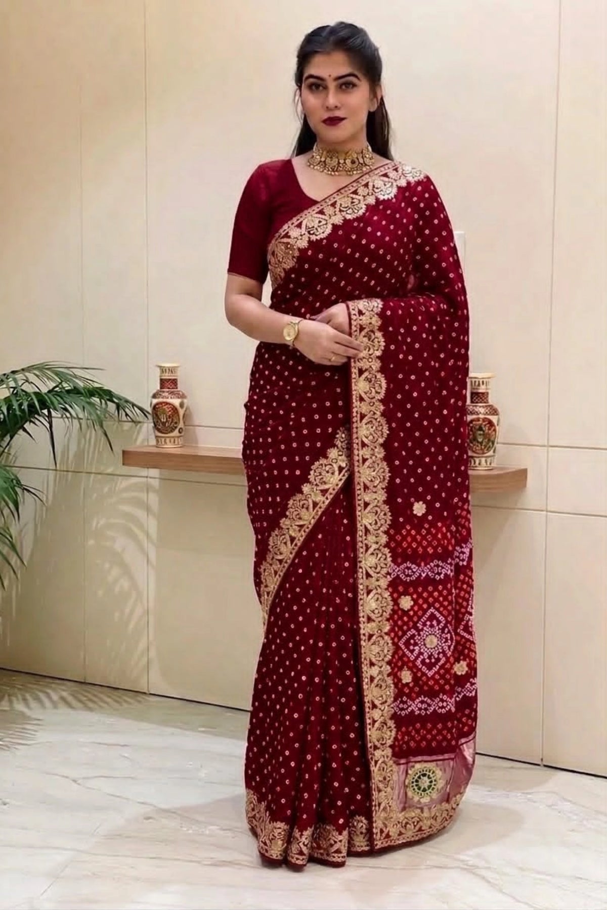 Wine Maroon Dola Silk-Style Saree with Antique Gold Border