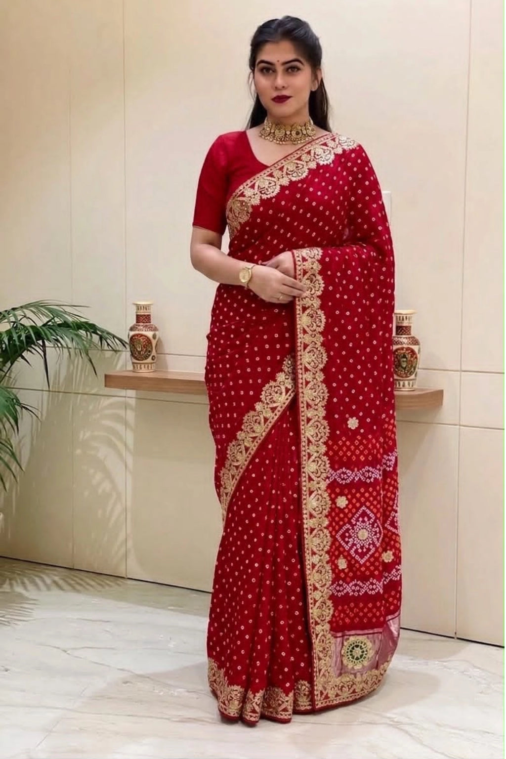 Bridal Red Dola Silk-Style Saree with Antique Gold Border