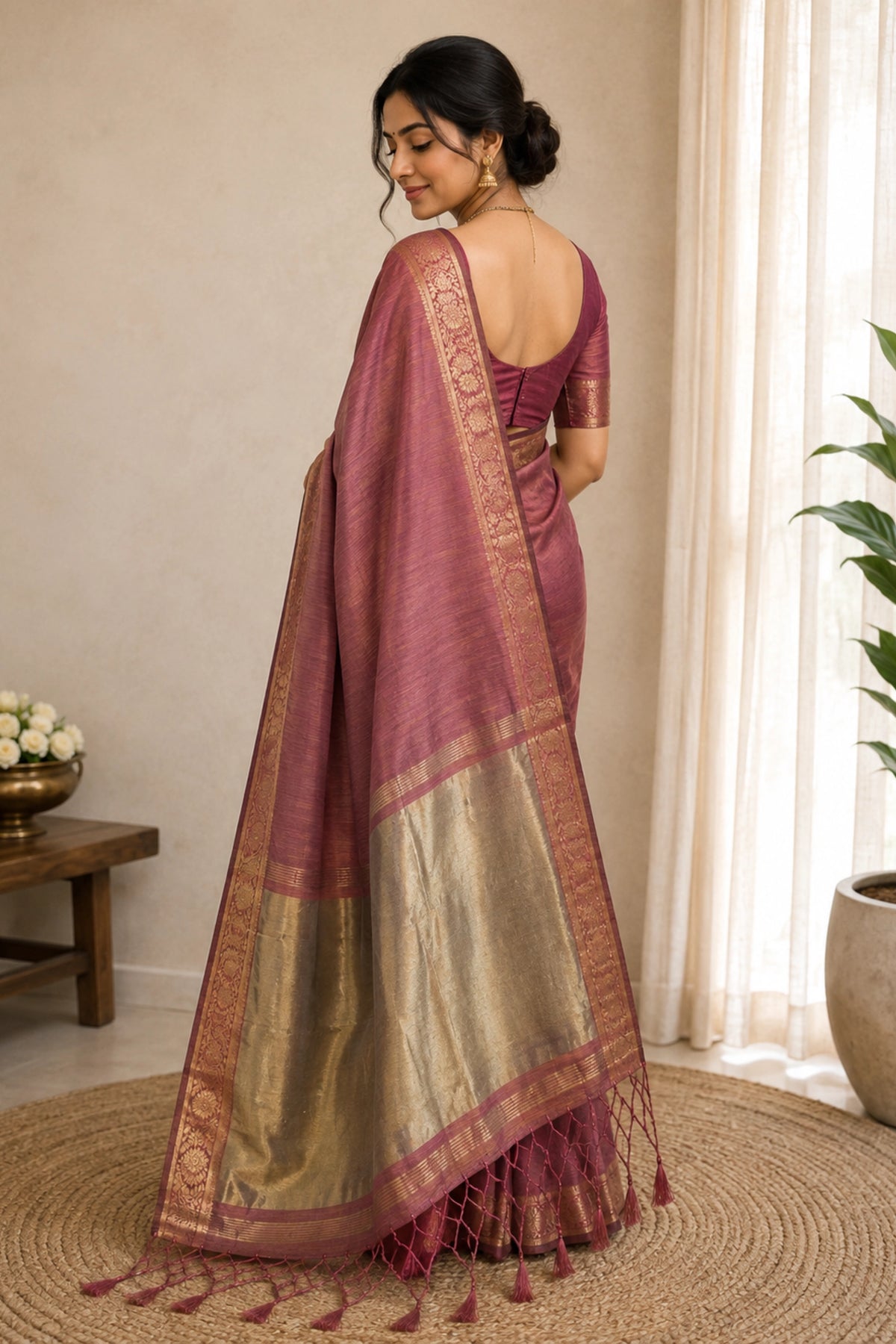 Dusty Rose Tussar-Style Saree with Antique Gold Zari Border