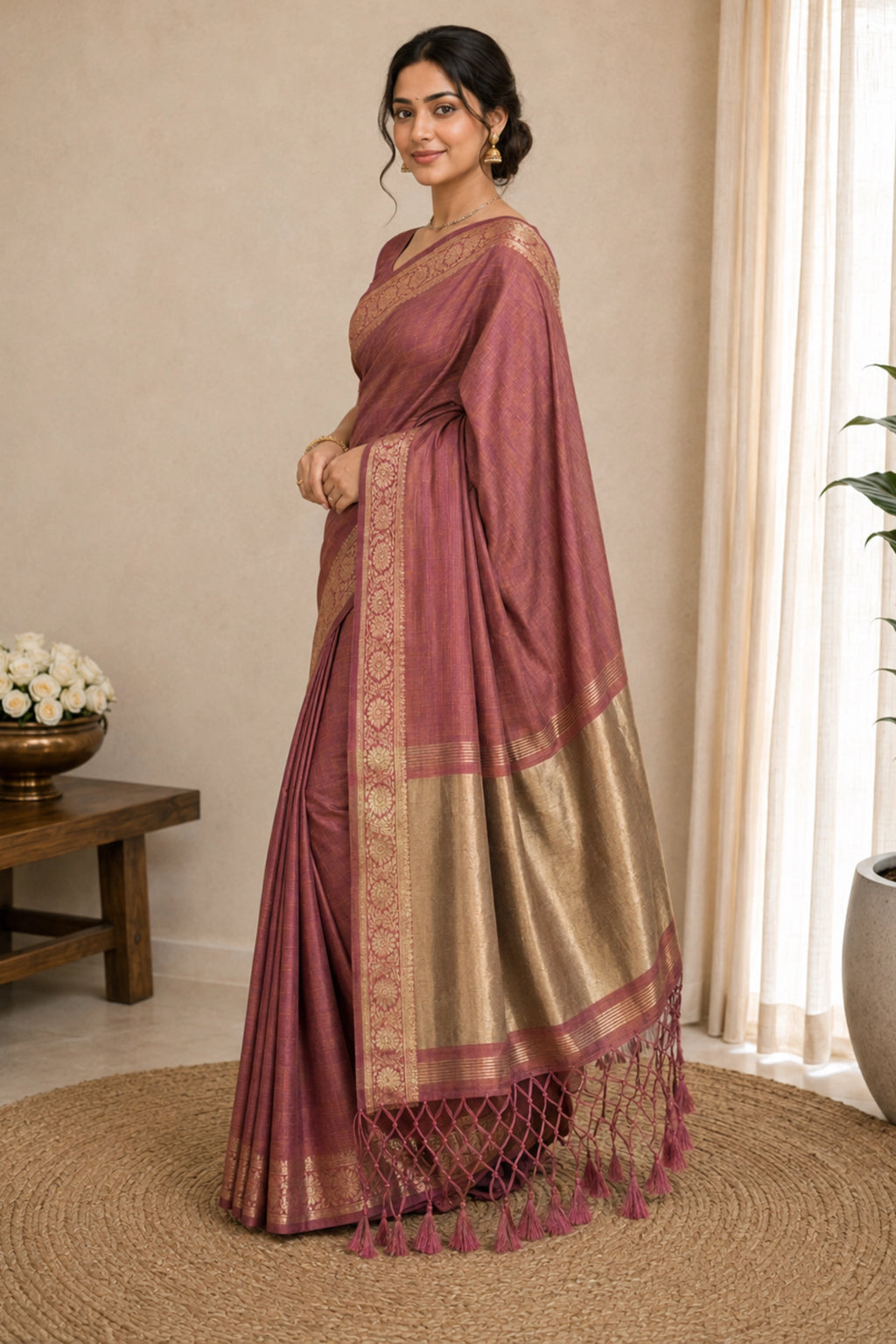 Dusty Rose Tussar-Style Saree with Antique Gold Zari Border