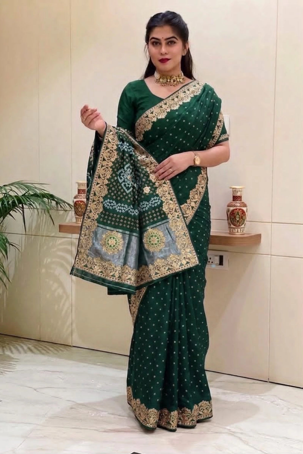 Bottle Green Dola Silk-Style Saree with Antique Gold Border