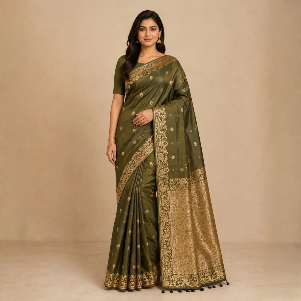 Olive Green Banarasi-Inspired Silk Saree with Gold Zari Border