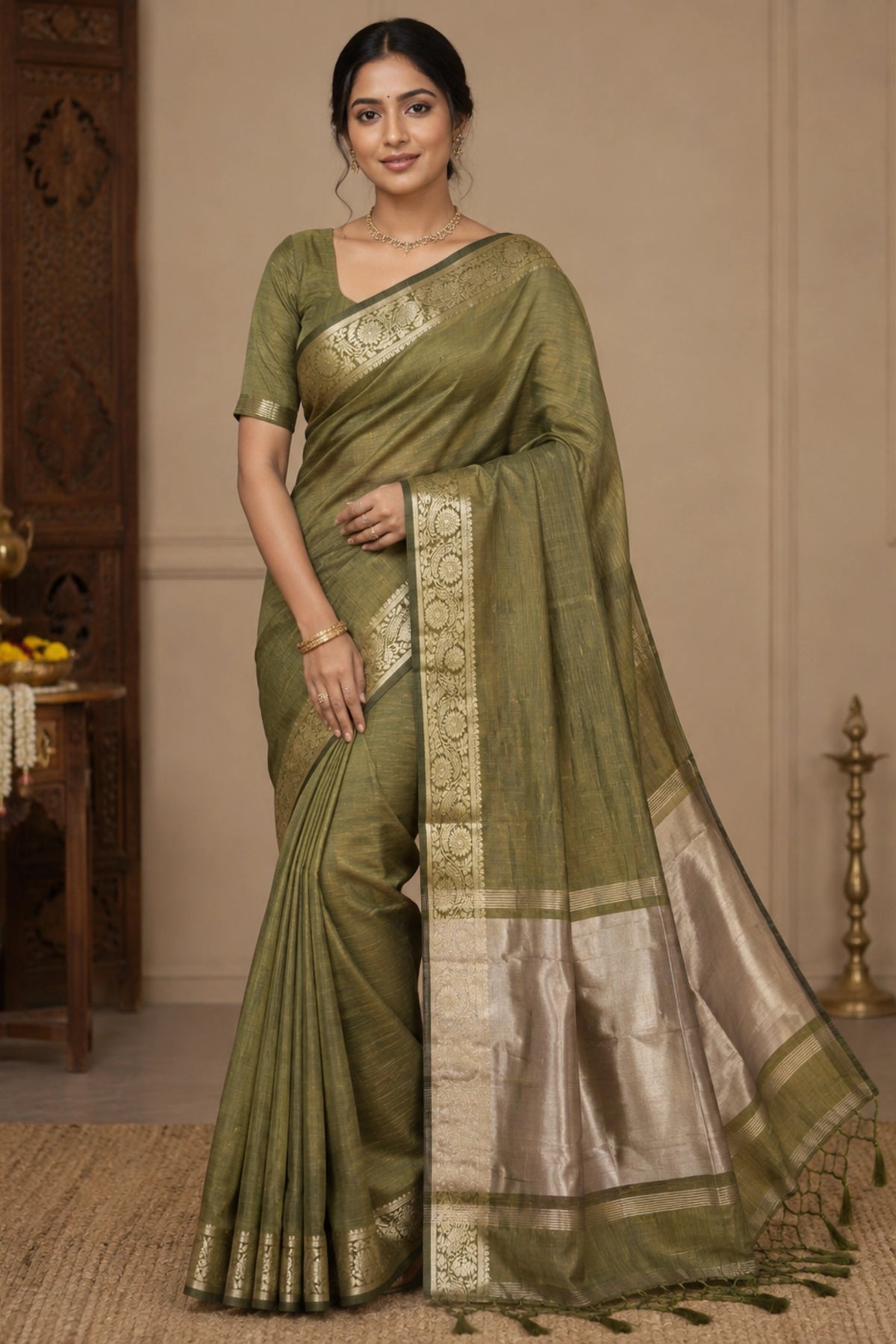 Green Tussar-Style Saree with Gold Zari Border