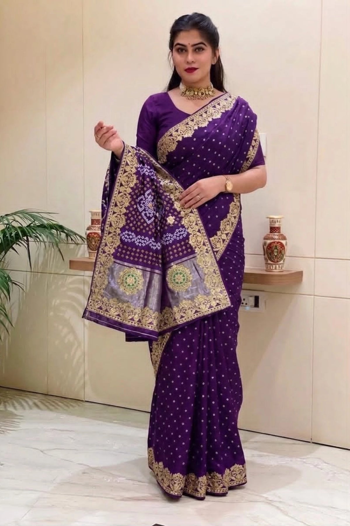 Royal Purple Dola Silk-Style Saree with Antique Gold Border