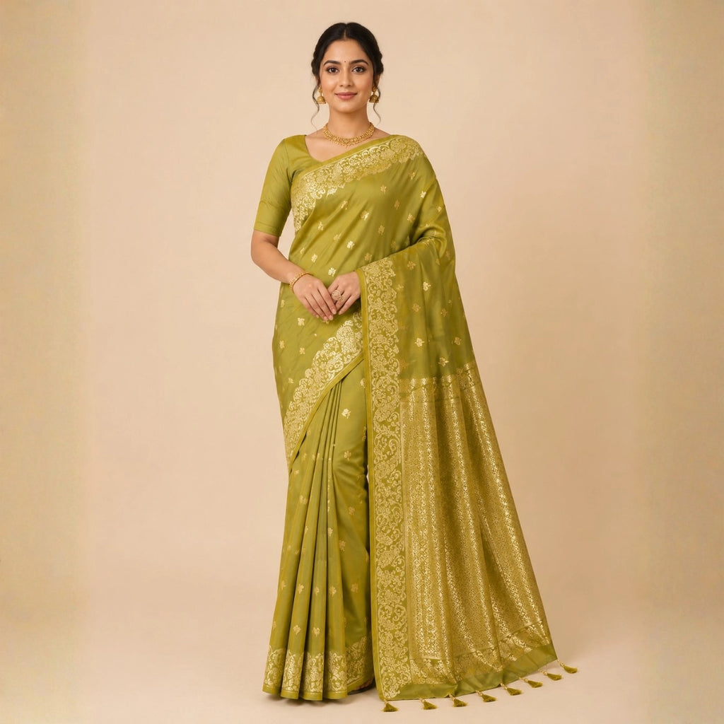 Mehendi Green Banarasi-Inspired Silk Saree with Gold Zari Border