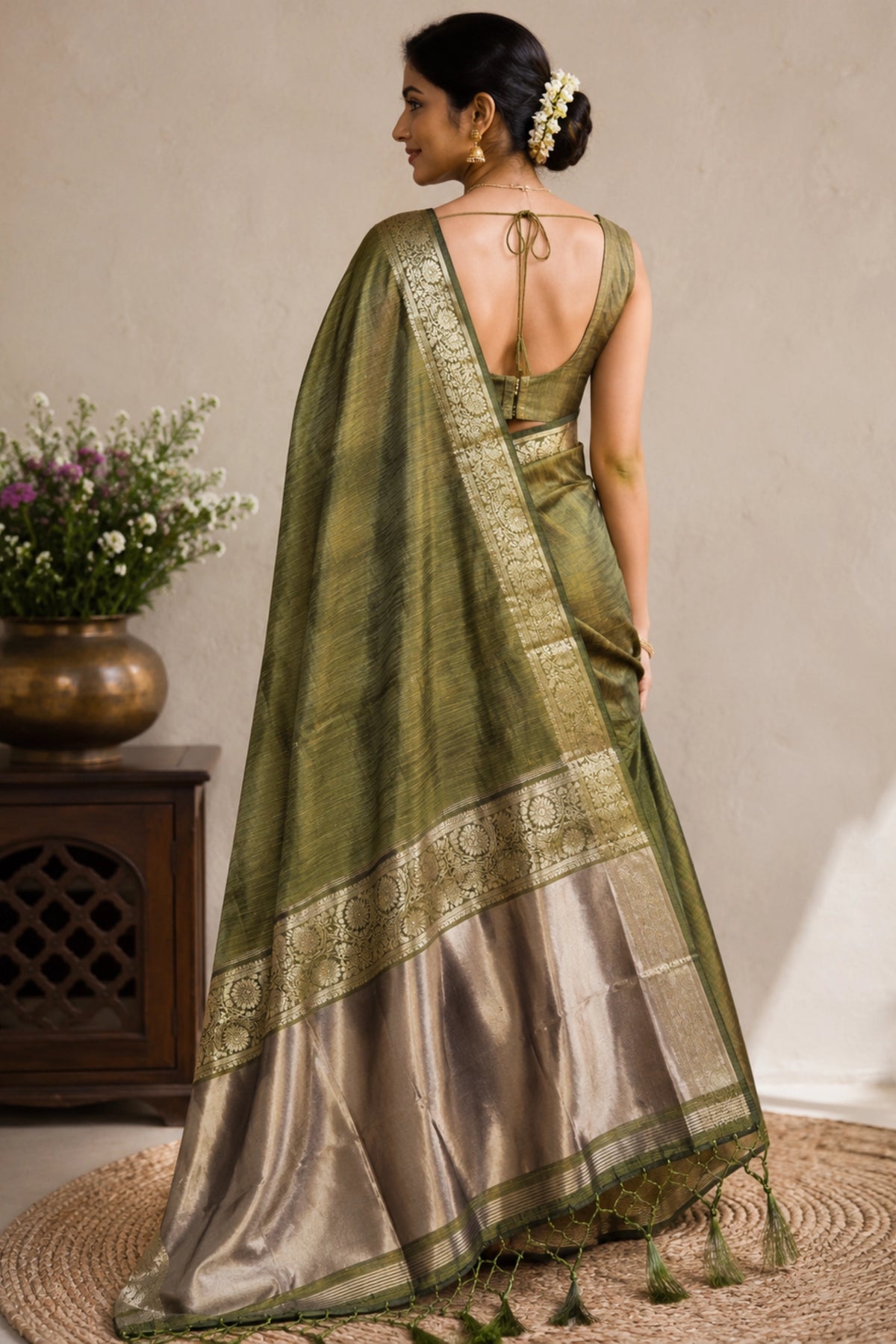 Green Tussar-Style Saree with Gold Zari Border