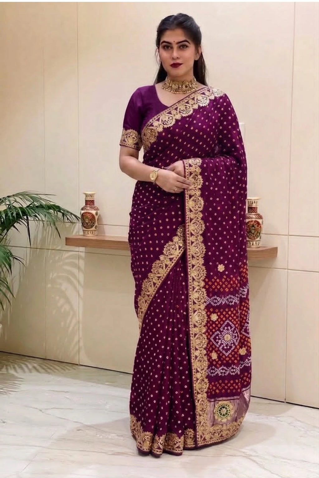 Royal Wine Purple Banarasi-Style Silk Saree with Antique Gold Border