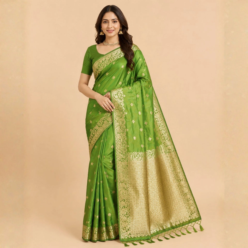 Parrot Green Banarasi-Inspired Silk Saree with Gold Zari Border