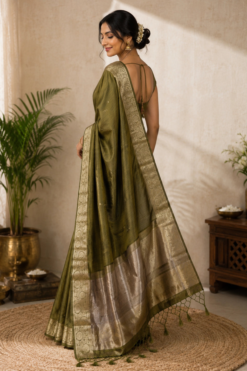 Green Tussar-Style Saree with Gold Zari Border