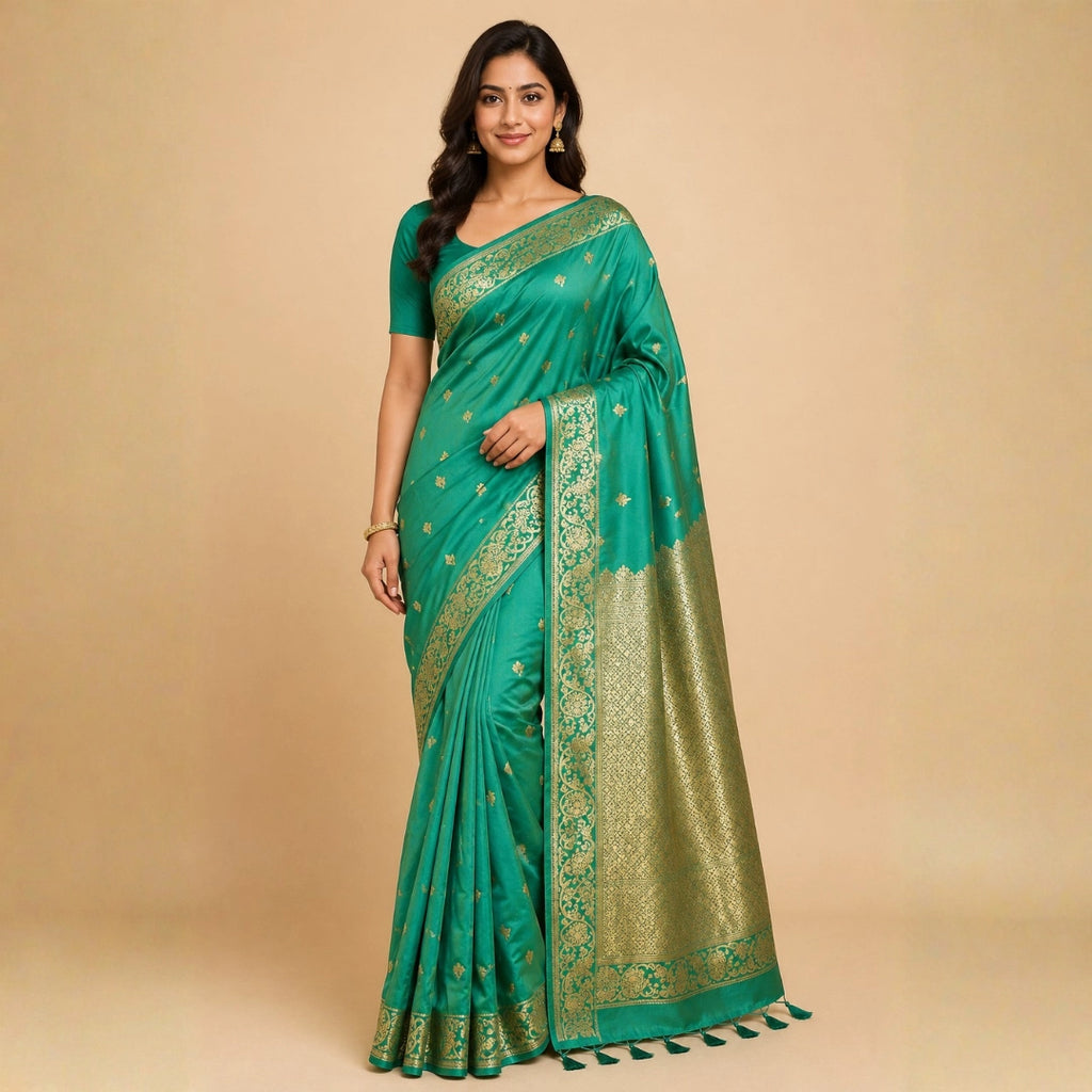 Sea Green Banarasi-Inspired Silk Saree with Gold Zari Border