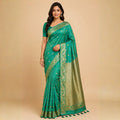 Sea Green Banarasi-Inspired Silk Saree with Gold Zari Border