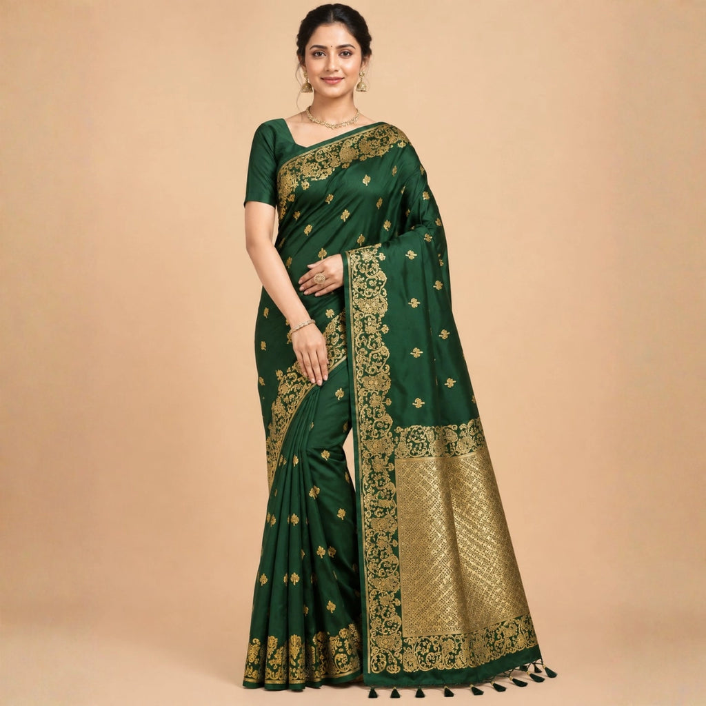 Emerald Green Banarasi-Inspired Silk Saree with Gold Zari Border