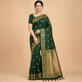 Emerald Green Banarasi-Inspired Silk Saree with Gold Zari Border