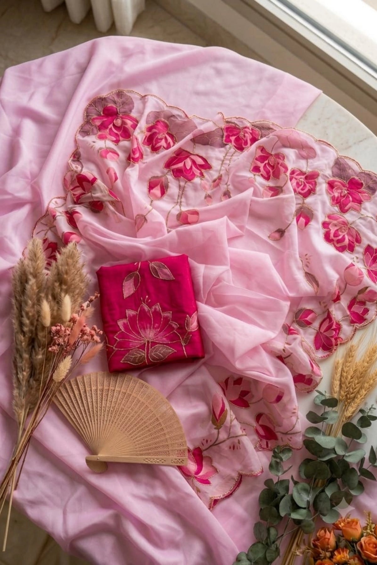 Baby Pink Organza Saree with Rani Pink Floral Scalloped Border