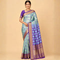 Pista Green Banarasi-Inspired Silk Saree with Purple Zari Border