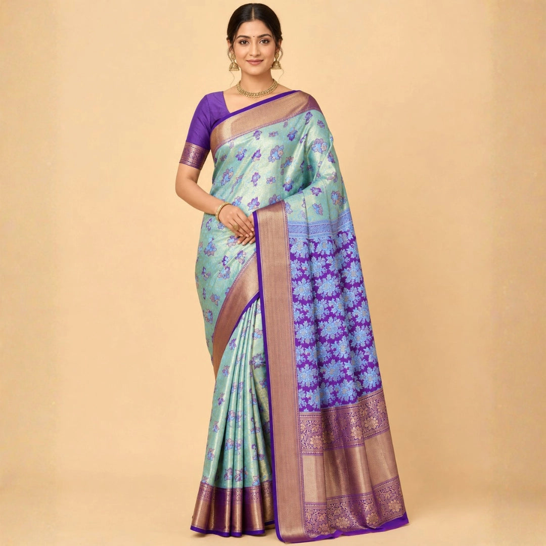 Pista Green Banarasi-Inspired Silk Saree with Purple Zari Border