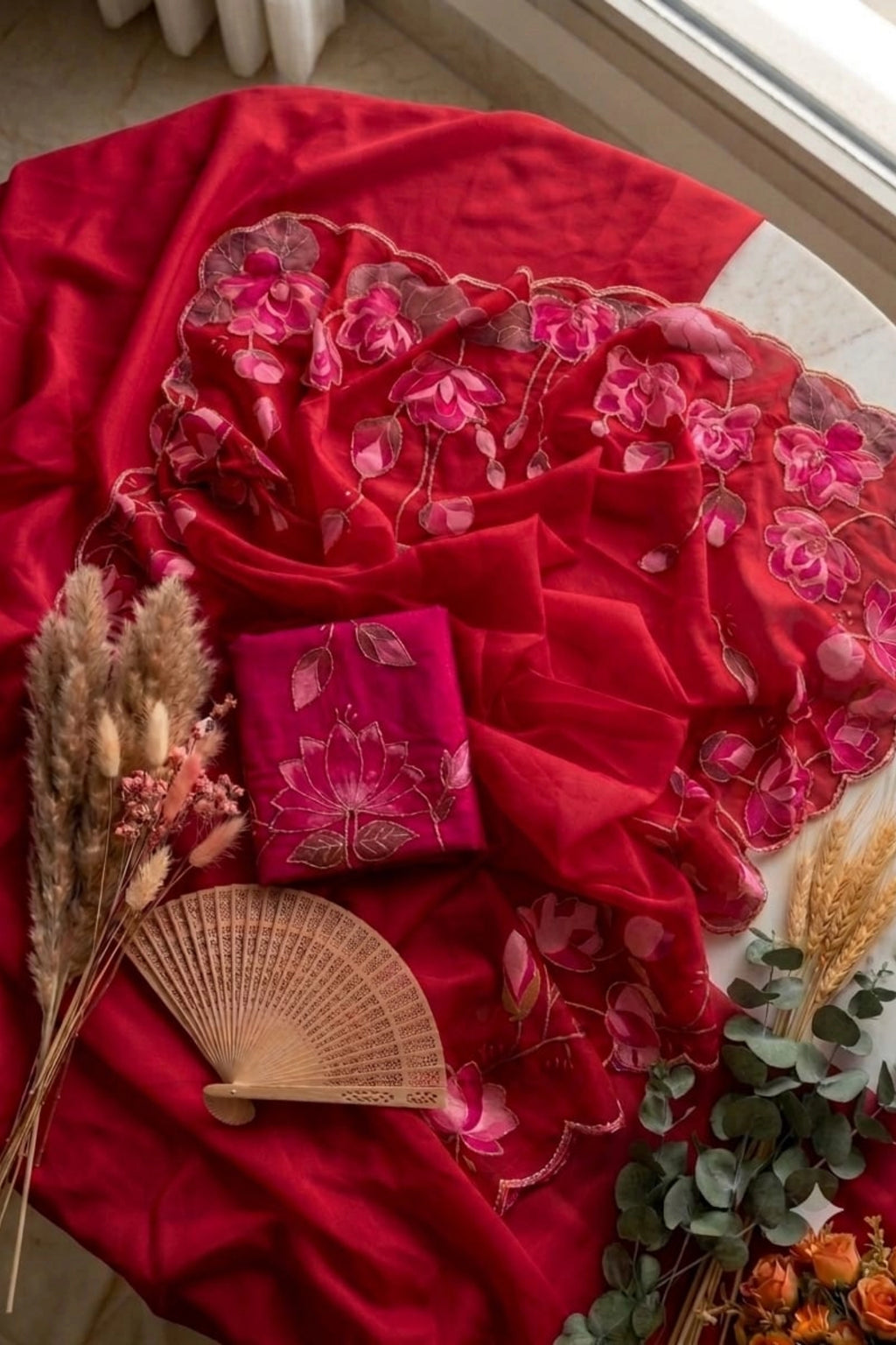 Ruby Red Organza Saree with Pink Floral Scalloped Border