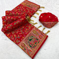 Scarlet Red Paithani-Inspired Floral Saree with Elephant Border