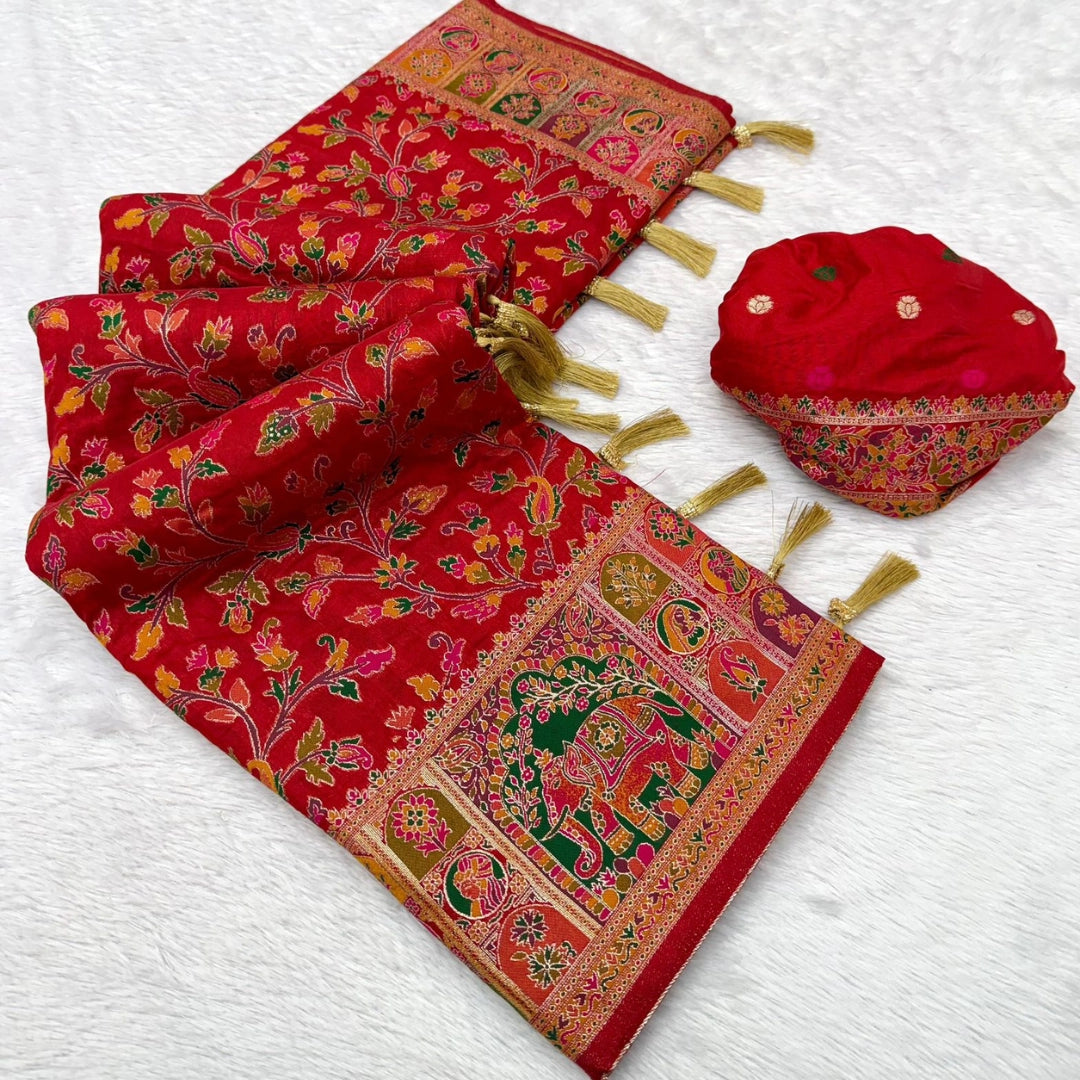 Scarlet Red Paithani-Inspired Floral Saree with Elephant Border