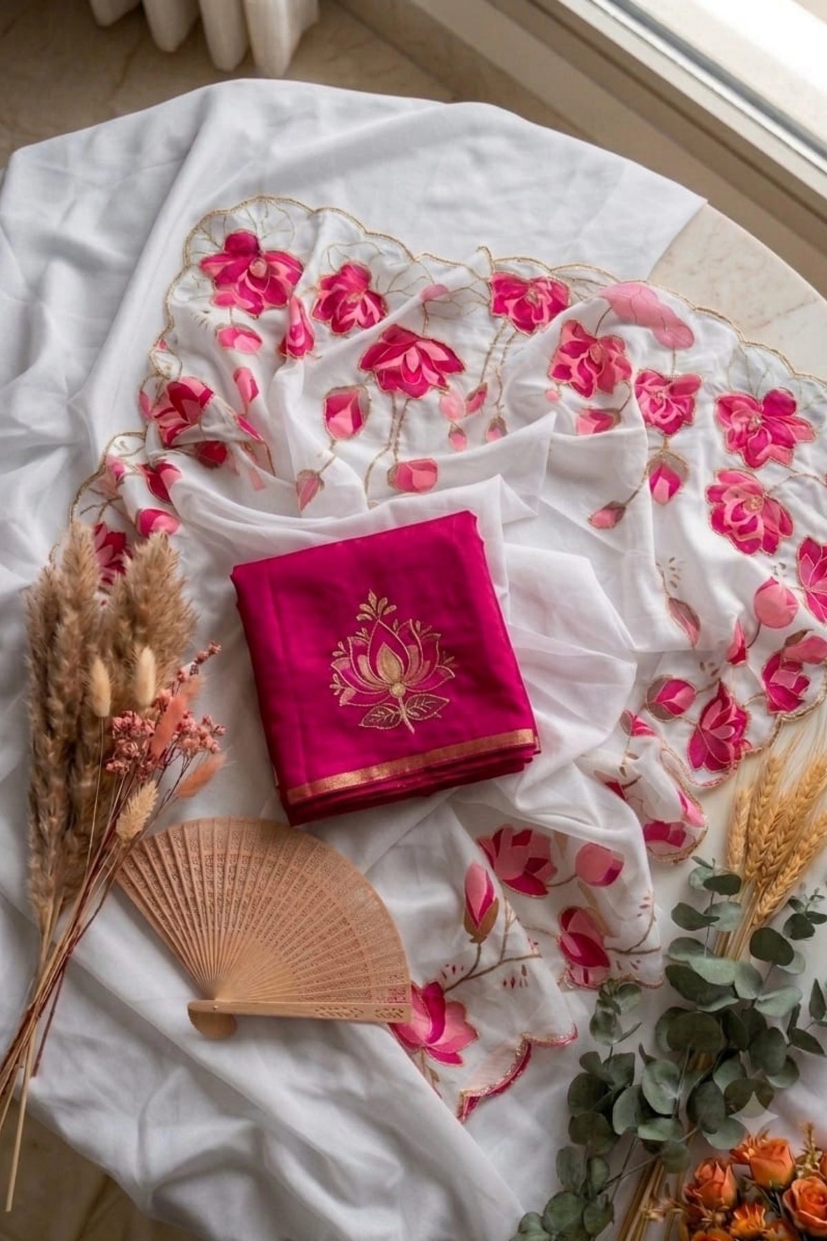 Ivory White Organza Saree with Pink Floral Scalloped Border