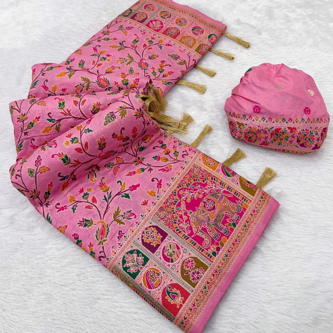 Rose Pink Paithani-Inspired Floral Saree with Elephant Border