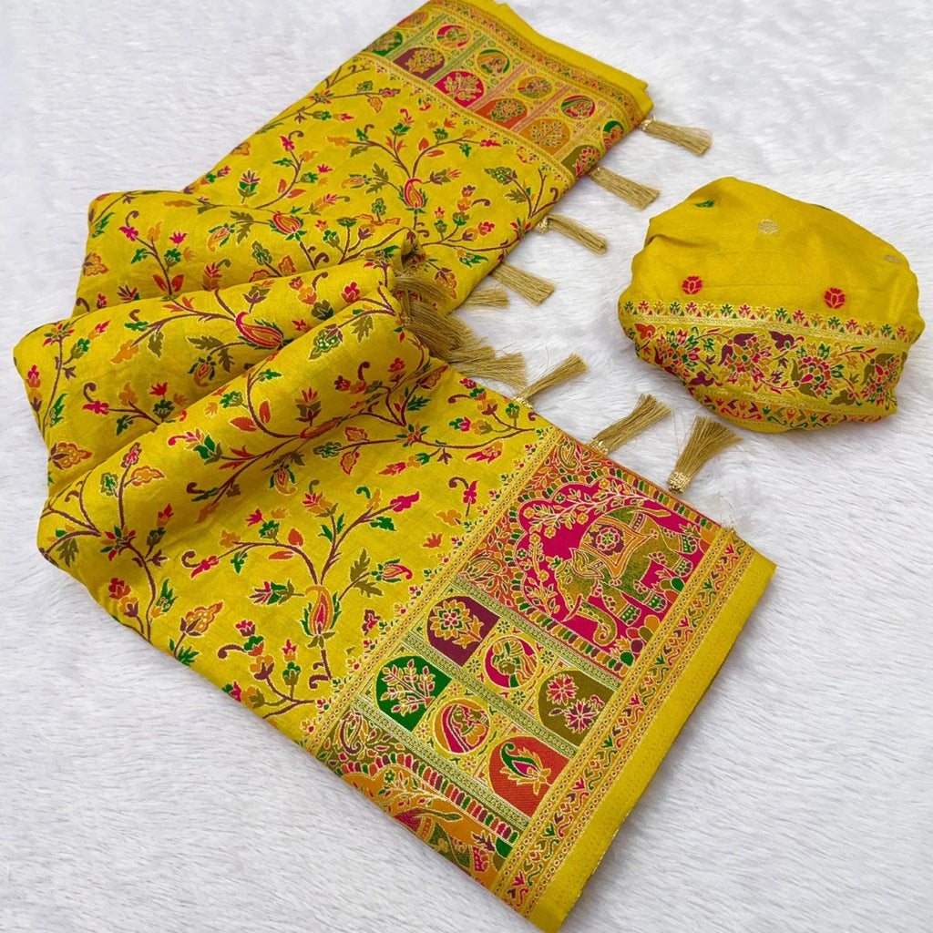 Mustard Yellow Paithani-Inspired Floral Saree with Elephant Border