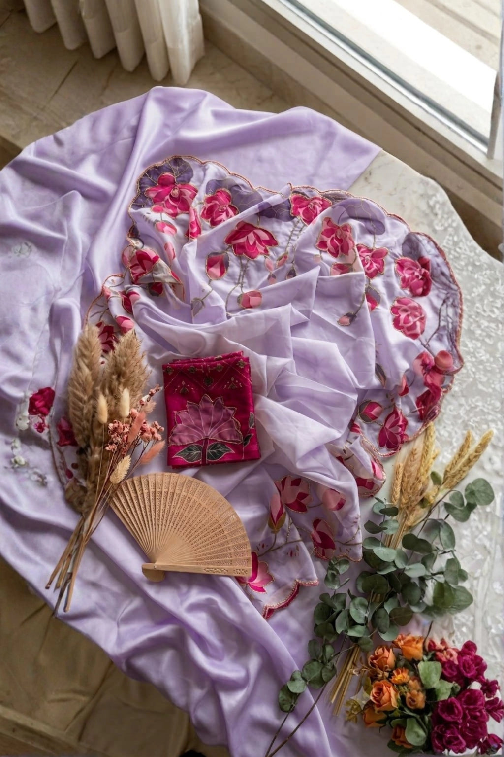 Lavender Organza Saree with Pink Floral Scalloped Border