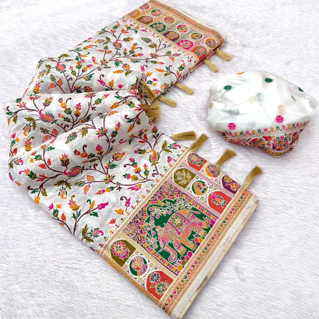 Ivory Paithani-Inspired Floral Saree with Elephant Border