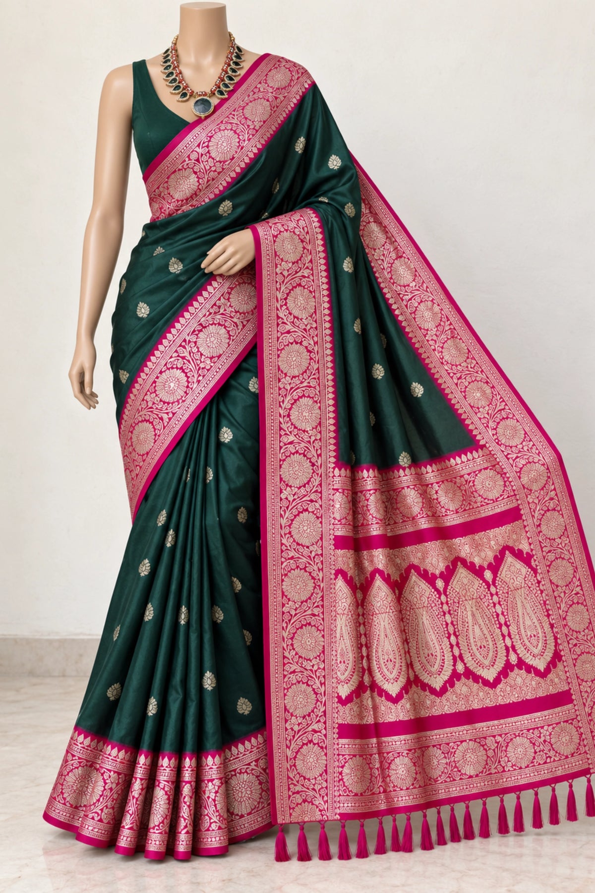 Bottle Green & Rani Pink Banarasi Silk Saree