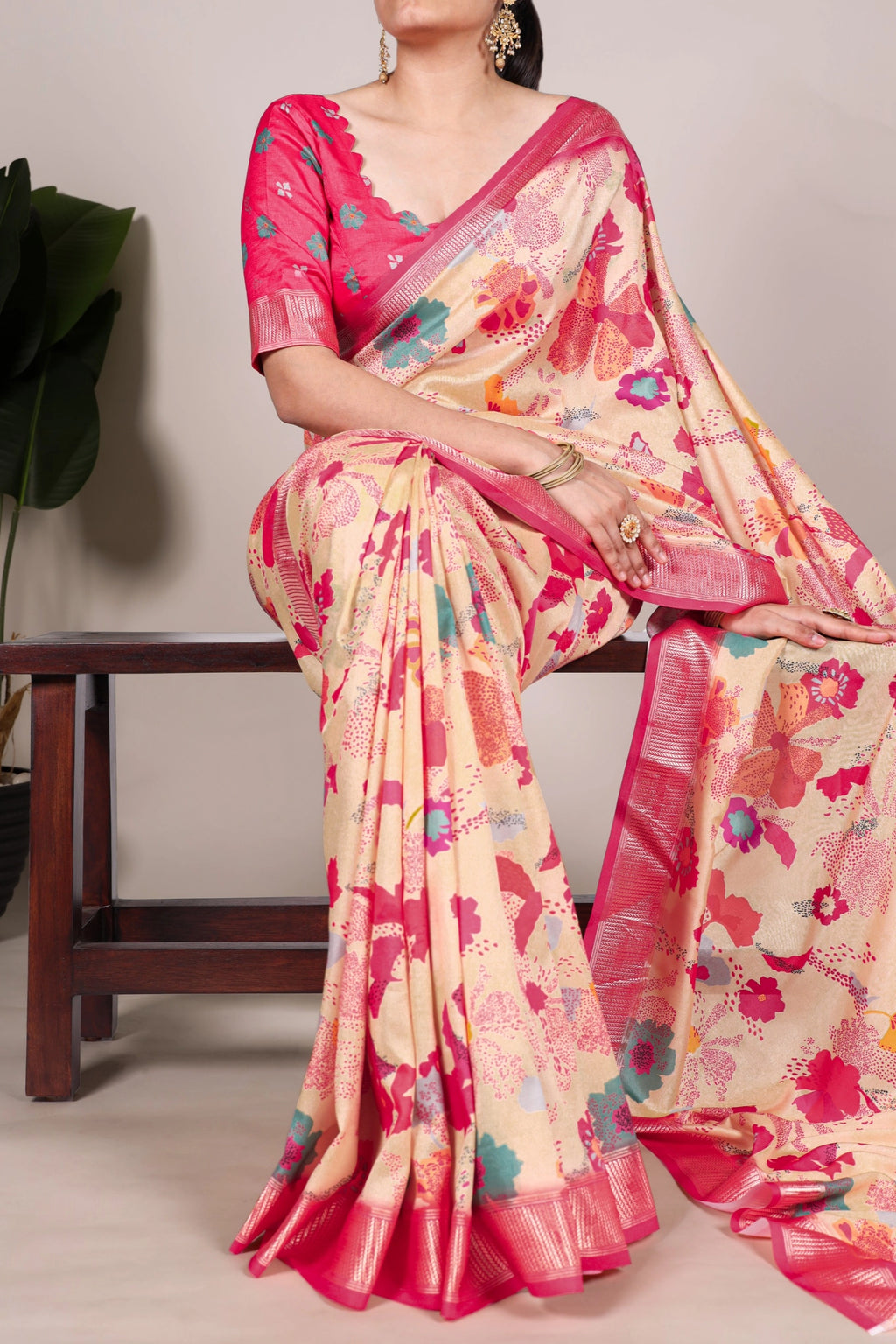 Champagne Beige Floral Soft Silk Saree with Rani Pink Border