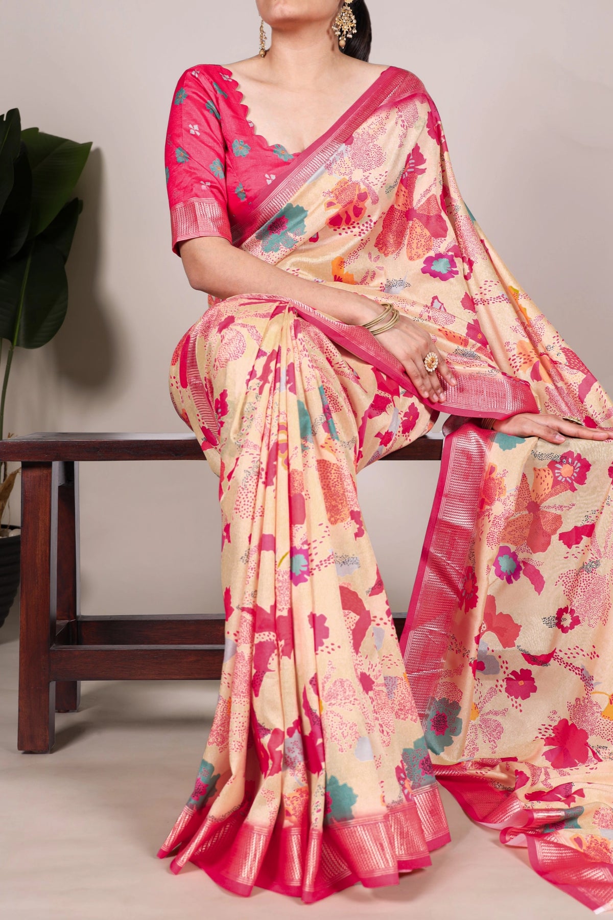 Champagne Beige Floral Soft Silk Saree with Rani Pink Border