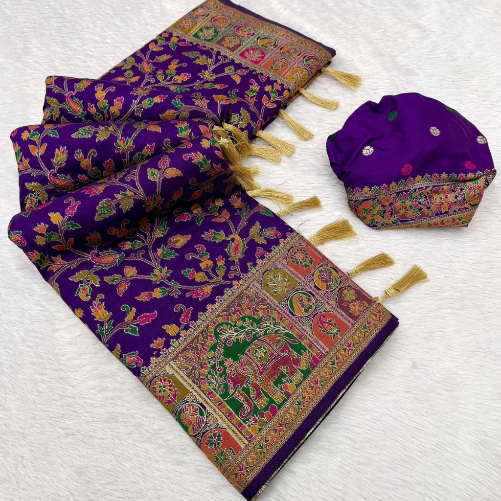 Royal Purple Paithani-Inspired Floral Saree with Elephant Border