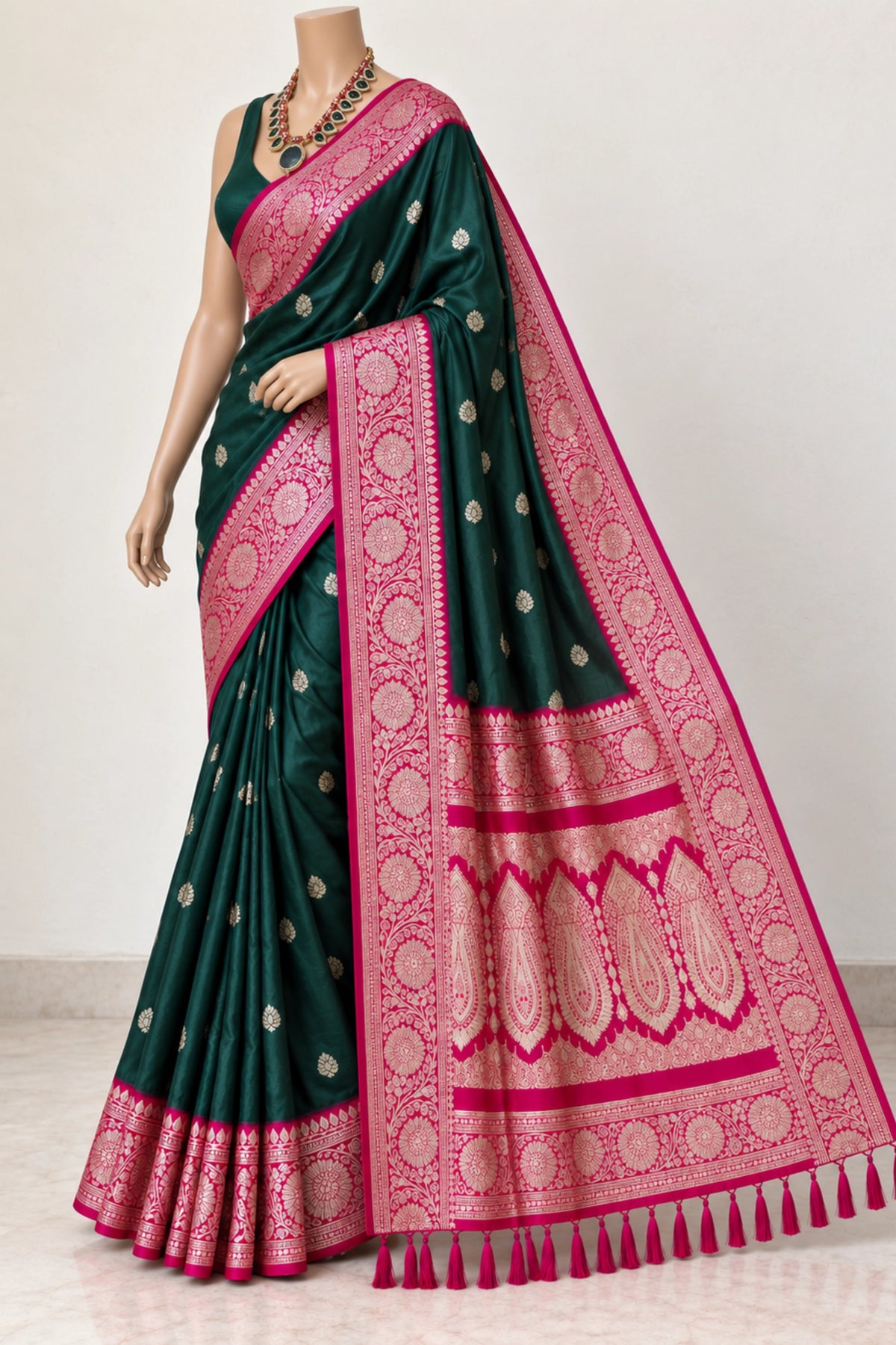Bottle Green & Rani Pink Banarasi Silk Saree