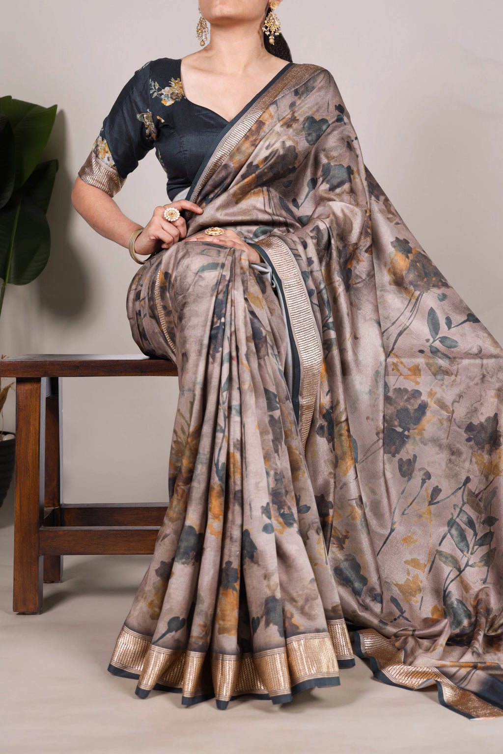 Mocha Taupe Floral Soft Silk Saree with Antique Gold Border