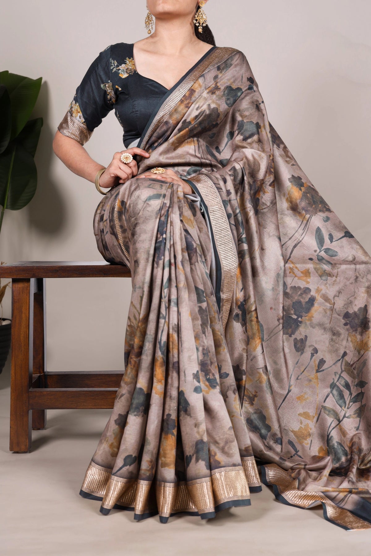 Mocha Taupe Floral Soft Silk Saree with Antique Gold Border
