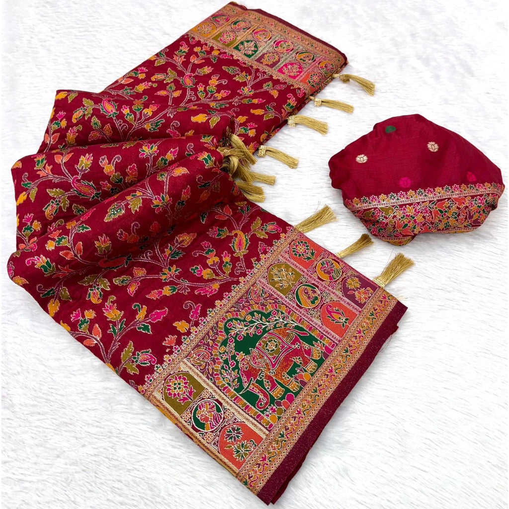 Wine Maroon Paithani-Inspired Floral Saree with Elephant Border