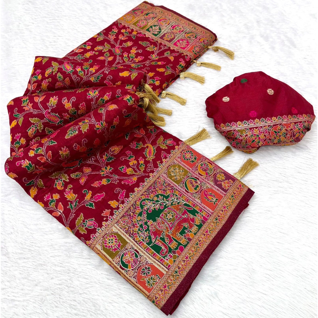 Wine Maroon Paithani-Inspired Floral Saree with Elephant Border