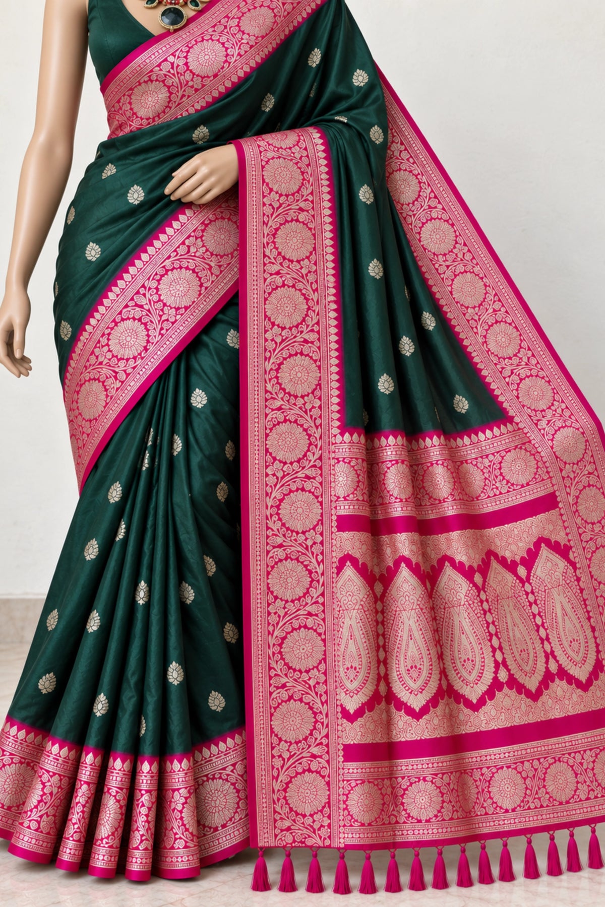Bottle Green & Rani Pink Banarasi Silk Saree