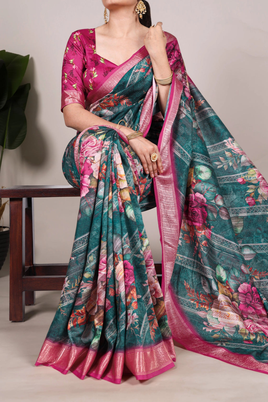 Teal Green Floral Soft Silk Saree with Magenta Border