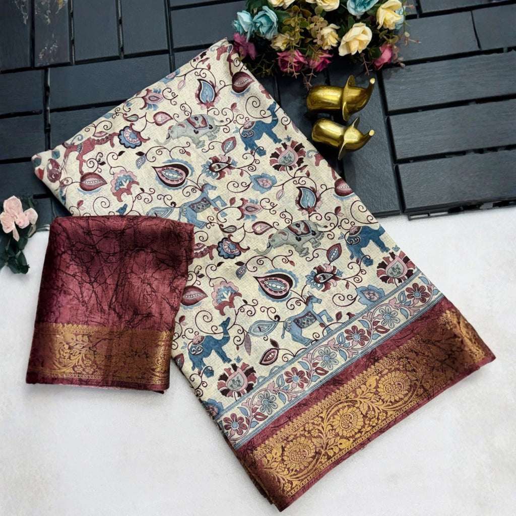 Ivory Kalamkari Saree with Maroon Zari Border