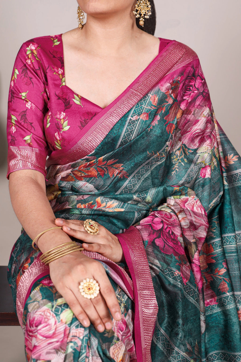 Teal Green Floral Soft Silk Saree with Magenta Border