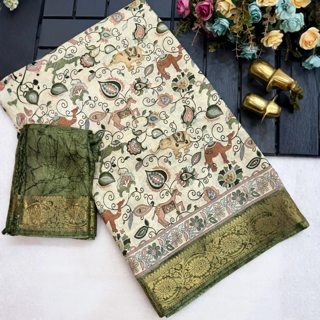 Ivory Kalamkari Saree with Olive Green Zari Border